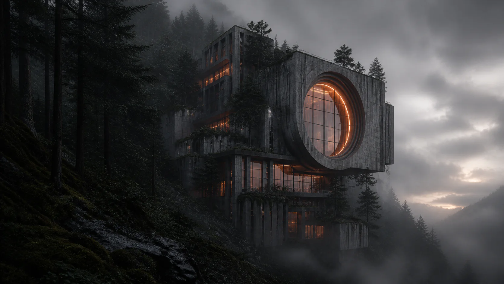 Brutalist cloud house embedded in a misty conifer forest