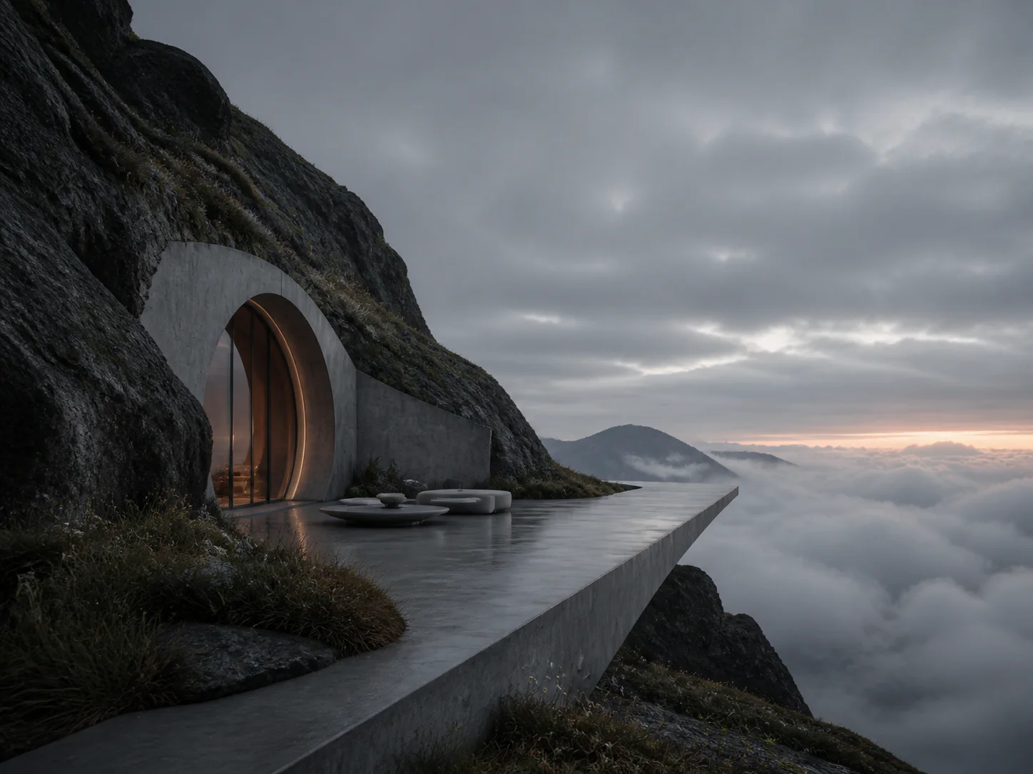 A quiet concrete ridge terrace above a sea of cloud
