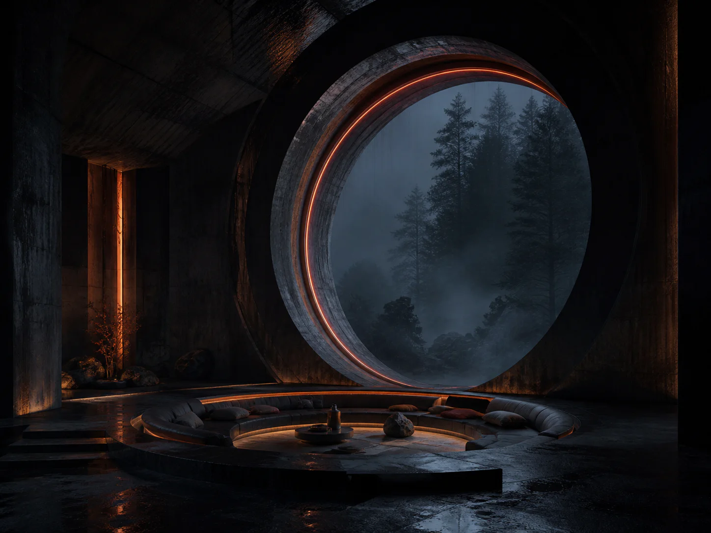 Dark circular room with ember light