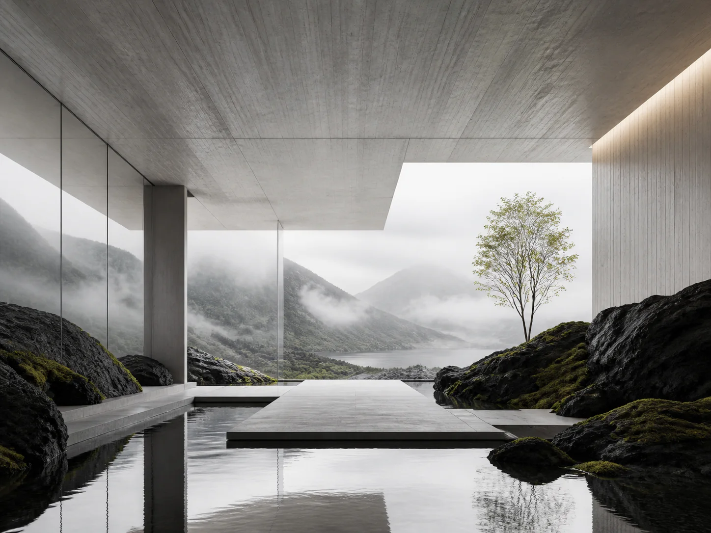 Pale concrete pavilion with moss, still water and a misty mountain view