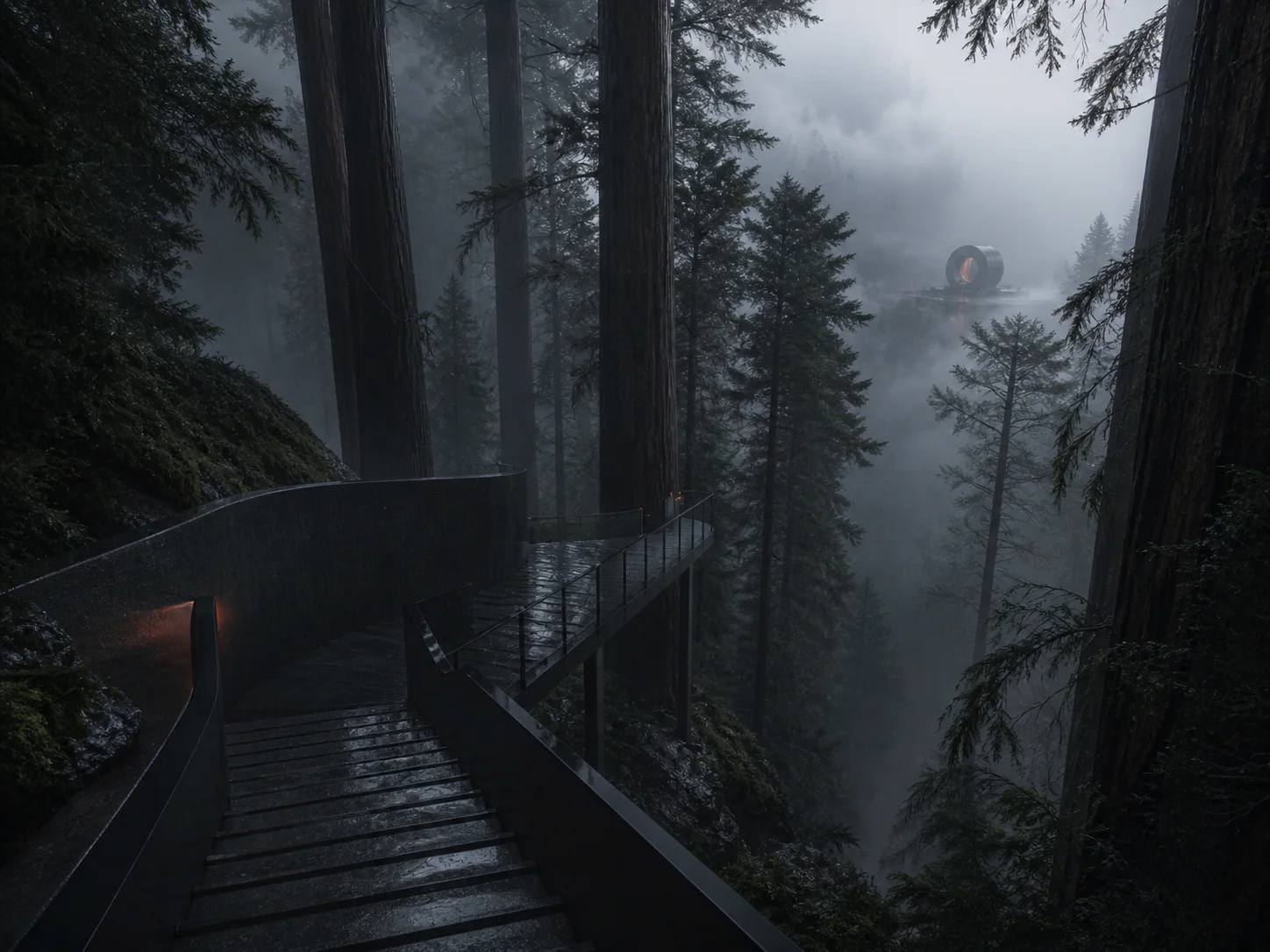 Wet stairs descending through a misty conifer forest