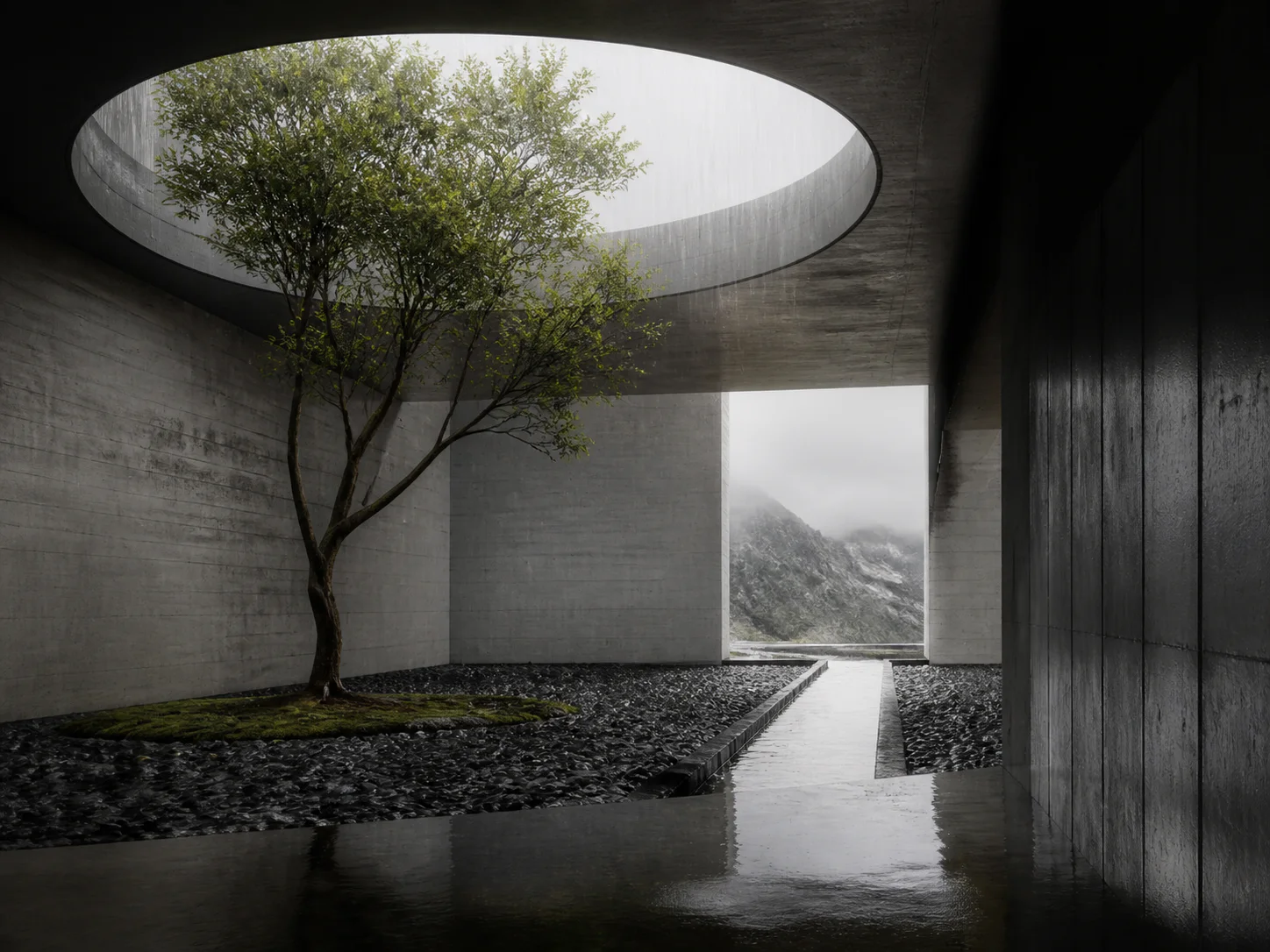 A rain court with one tree beneath a circular opening