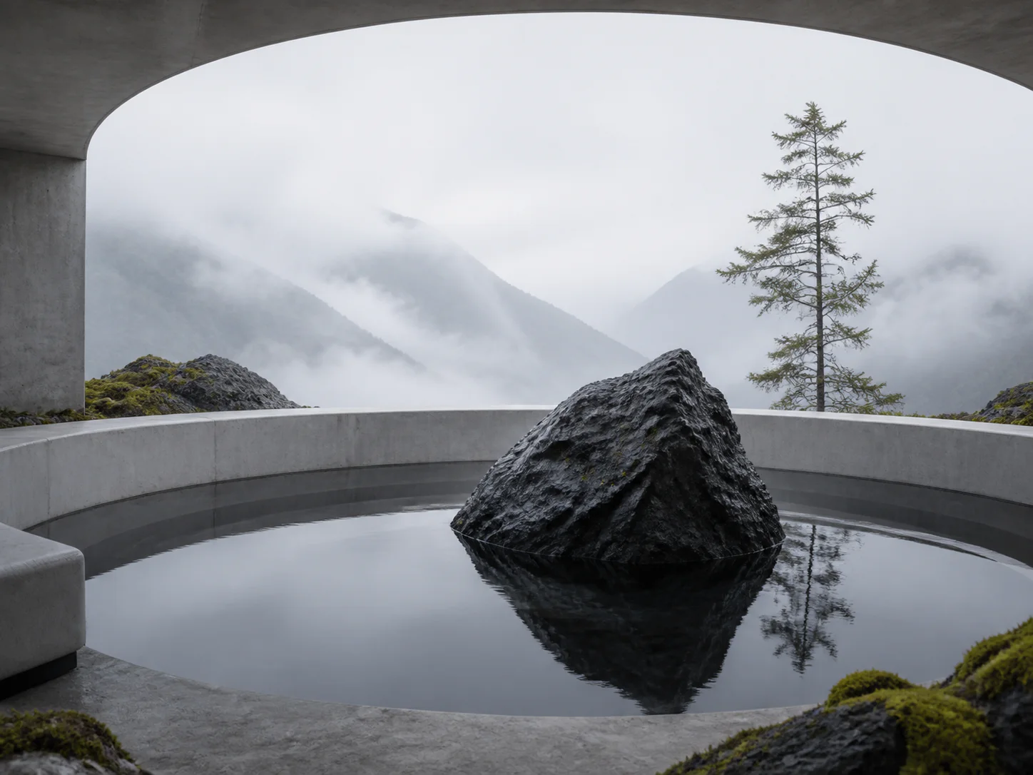 A circular still water chamber facing misty mountains