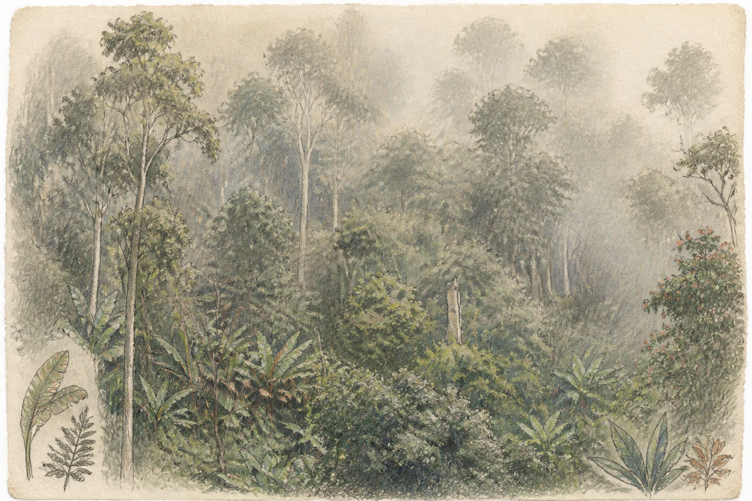 Hand-drawn misty forest on Doi Inthanon in northern Thailand