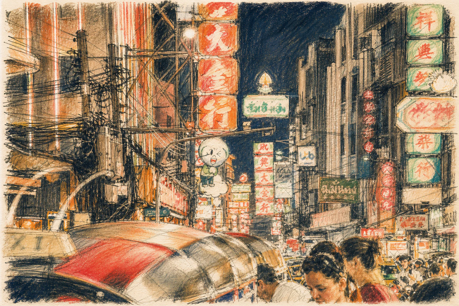 Hand-drawn night traffic and illuminated signs on Yaowarat Road in Bangkok