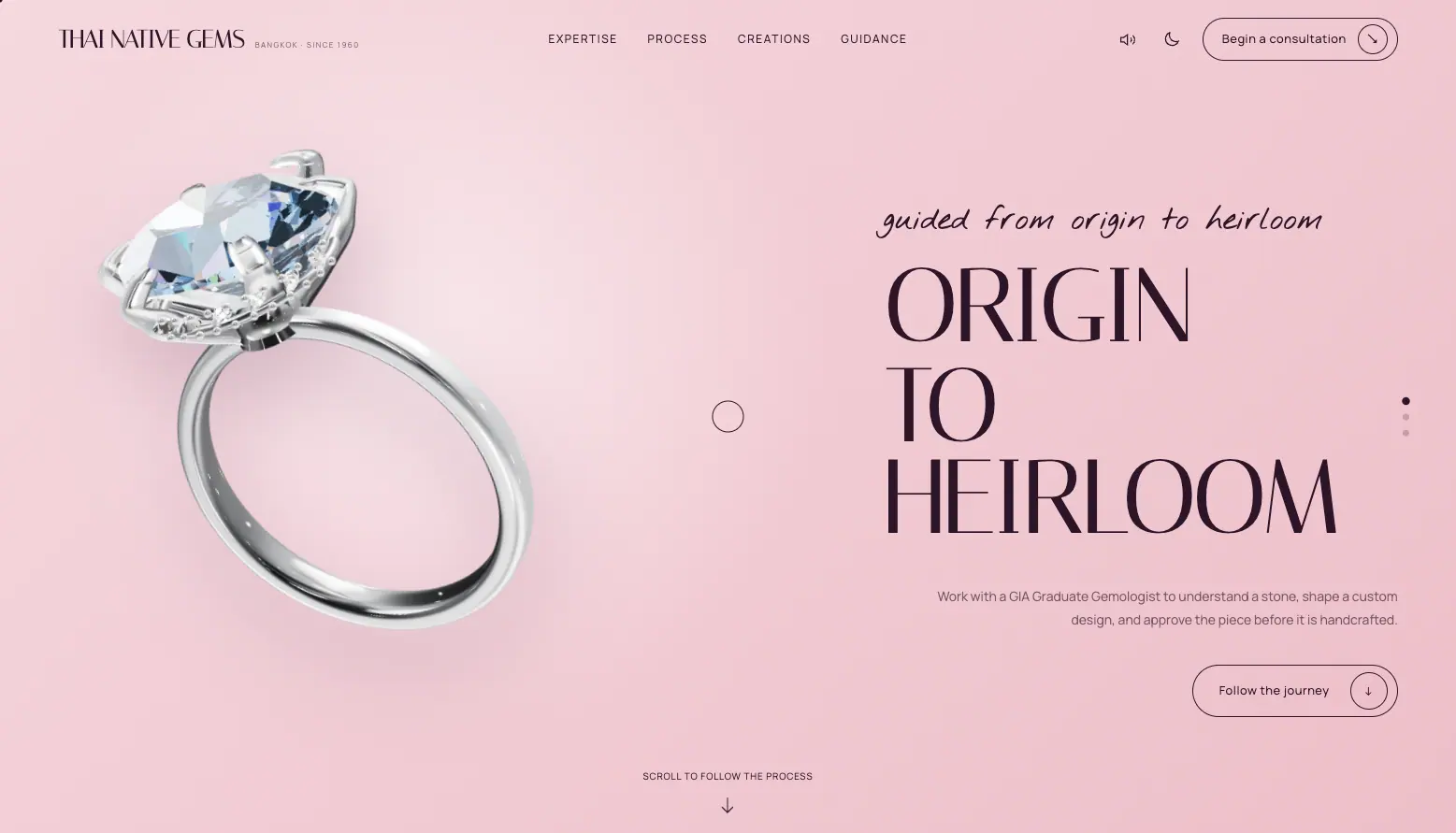 Screenshot of the Thai Native Gems redesign study with an animated 3D gemstone ring
