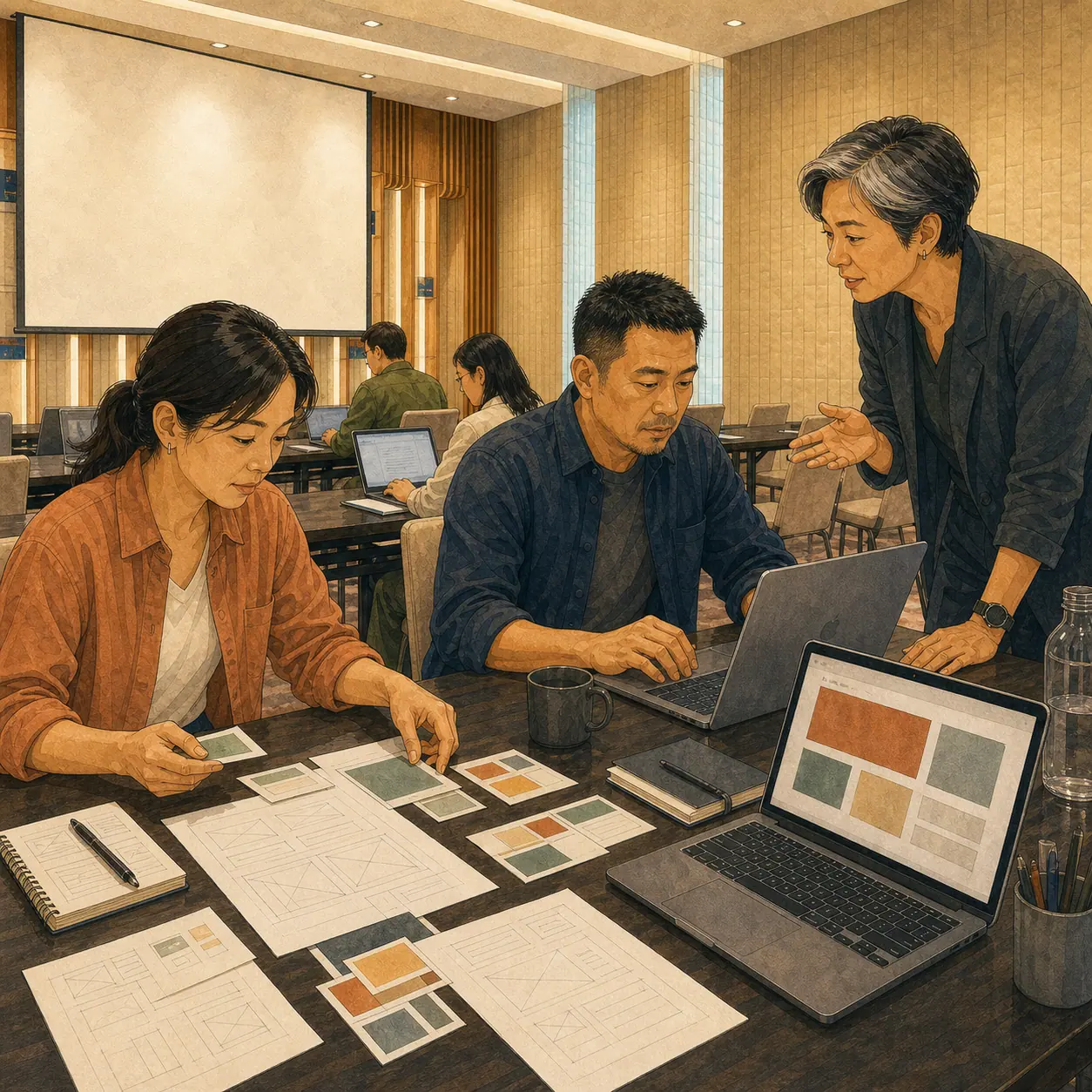 Illustration of participants building and testing a small tool on their laptops during the afternoon build session.