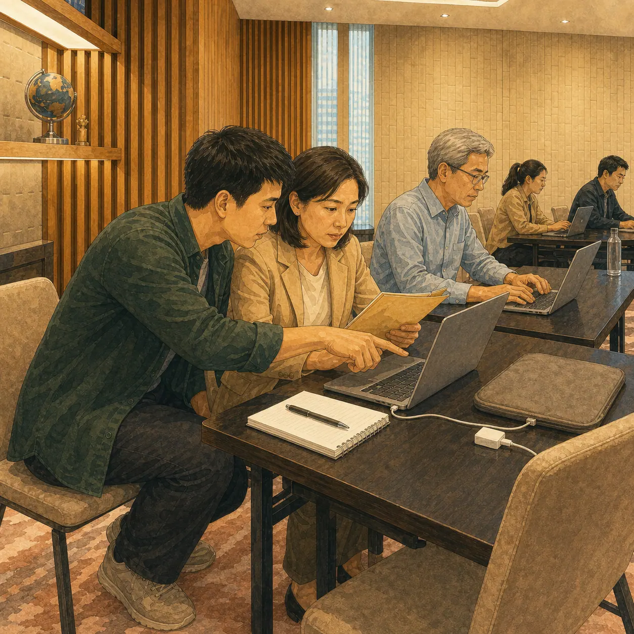 Illustrative scene of a Thai professional receiving practical laptop guidance.