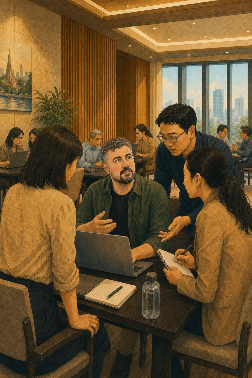 Illustration of Stan seated at a laptop while workshop participants ask questions